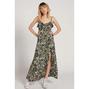 Volcom Coco Maxi Dress‎ Green Black Leaf Print Sleeveless sz XS NWT $70